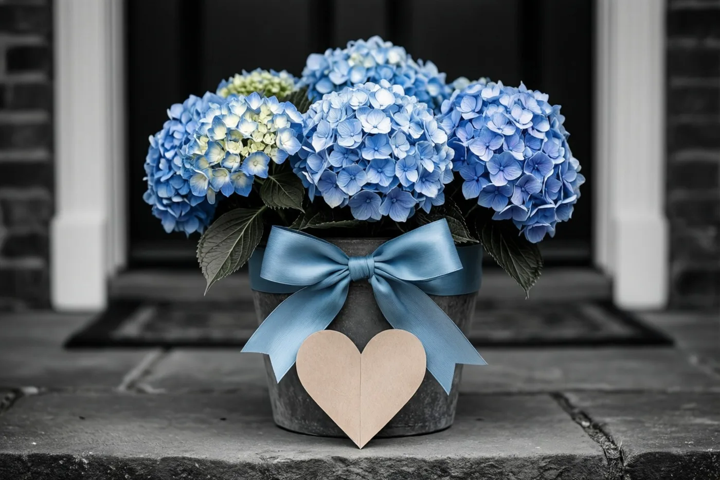 Een pot blauwe hortensia's met een lichtblauwe strik en een beige papieren hart staat op een stenen drempel voor een donkere deur, tegen een zwart-witte achtergrond.