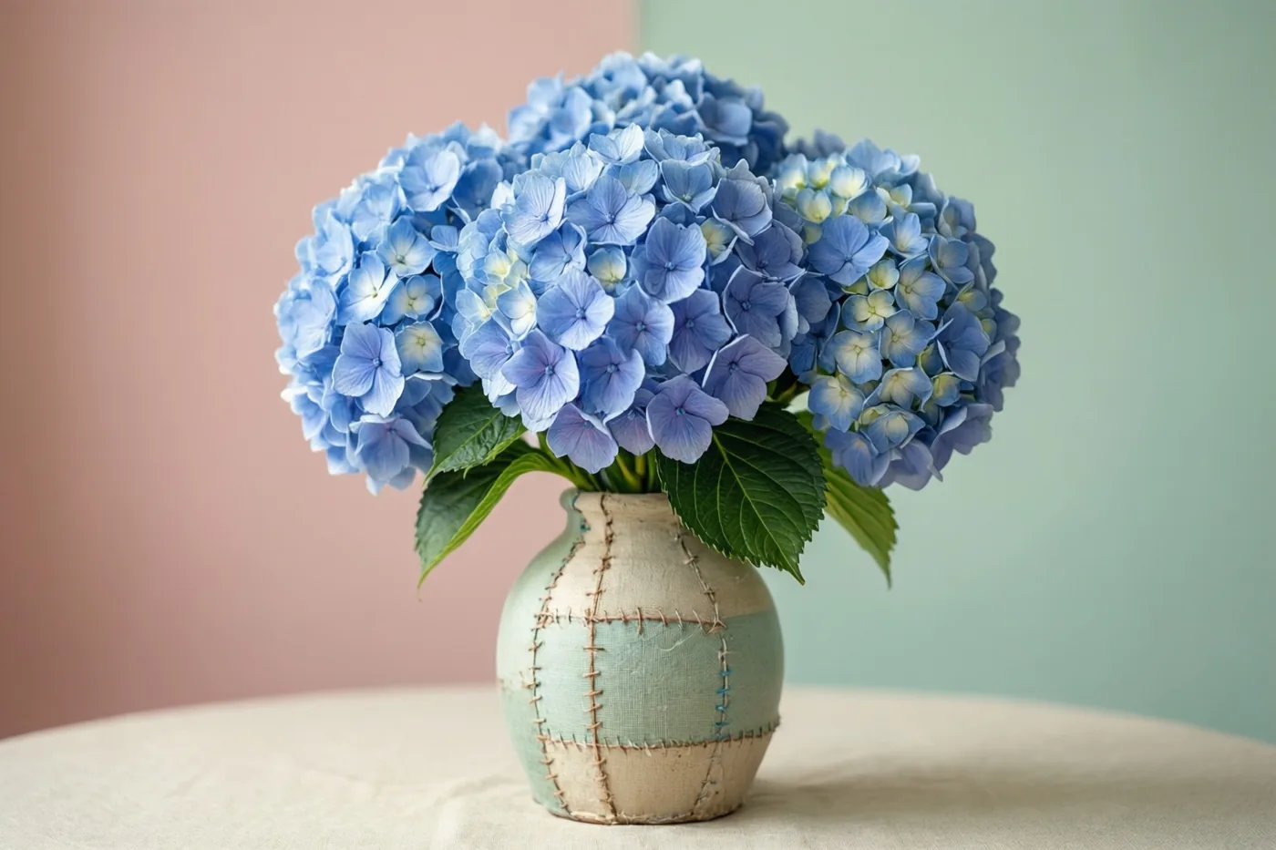 Een boeket blauwe hortensia's staat in een herstelde keramische vaas op een tafel, tegen een achtergrond met een zacht kleurverloop van roze naar groen.
