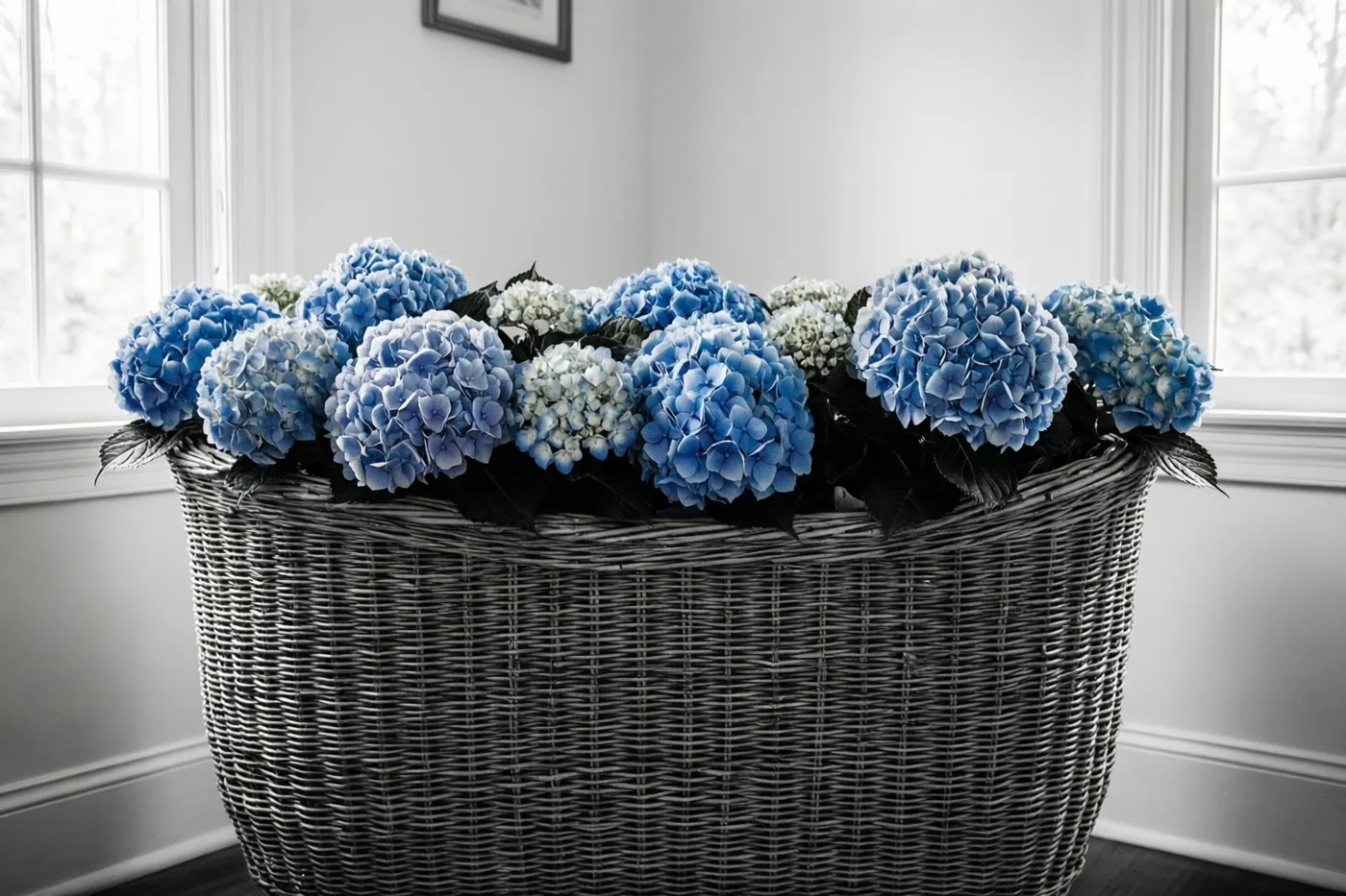 Een grote rieten mand vol blauwe hortensia’s staat in een zonnige kamer met witte muren en ramen.