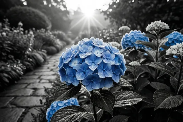 Blauwe hortensia’s met dauw staan naast een stenen tuinpad met zonlicht tussen de bomen, waarbij alleen de bloemen blauw zijn en de rest zwart-wit is.