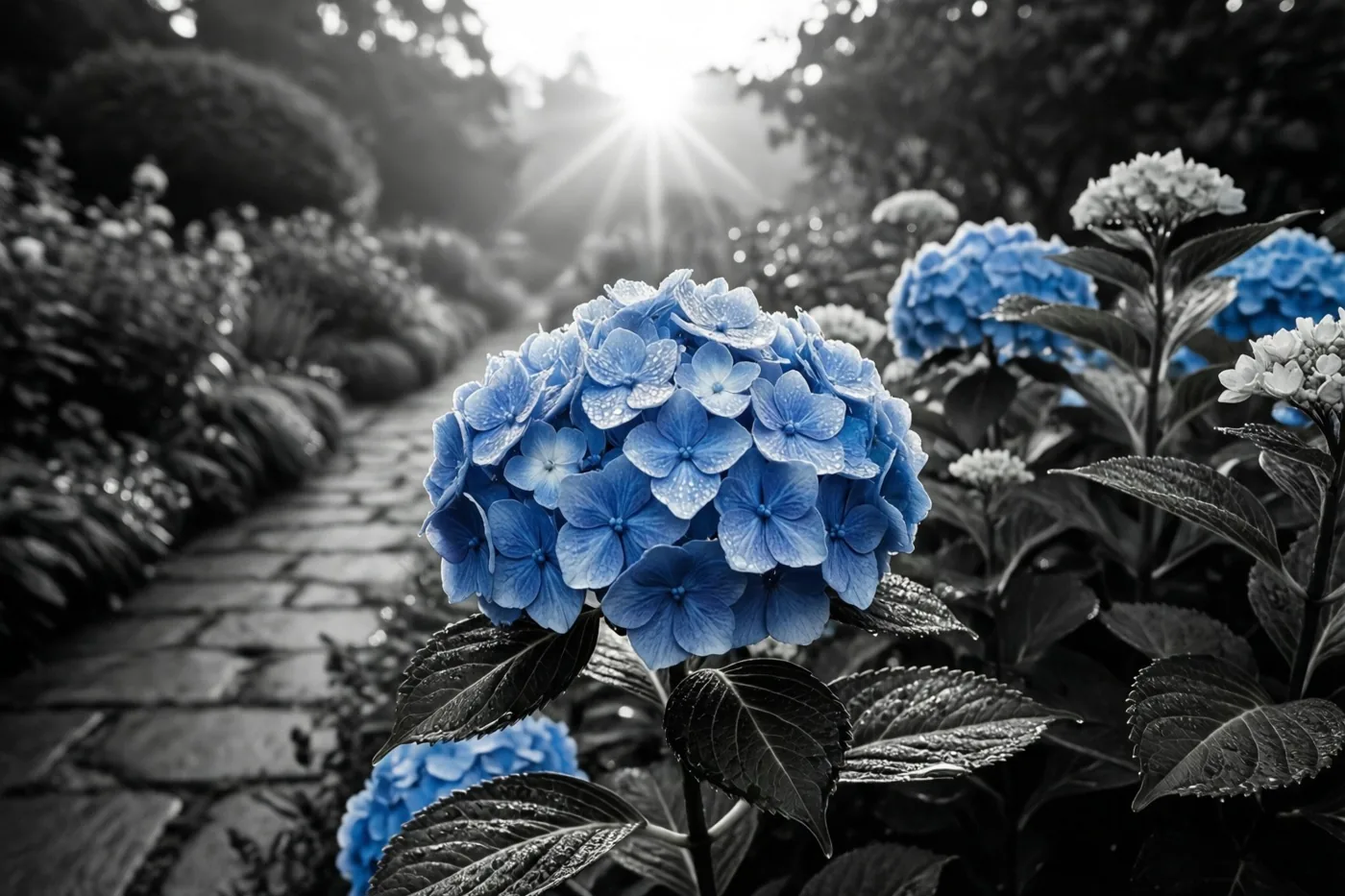 Blauwe hortensia’s met dauw staan naast een stenen tuinpad met zonlicht tussen de bomen, waarbij alleen de bloemen blauw zijn en de rest zwart-wit is.