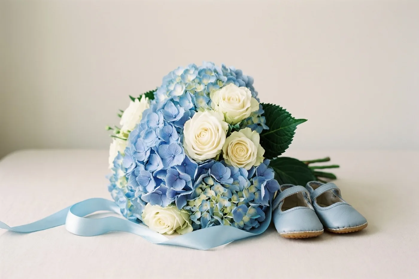 Een boeket blauwe hortensia's en witte rozen met een lichtblauw lint ligt naast lichtblauwe babyschoentjes op een witte ondergrond, tegen een effen achtergrond.