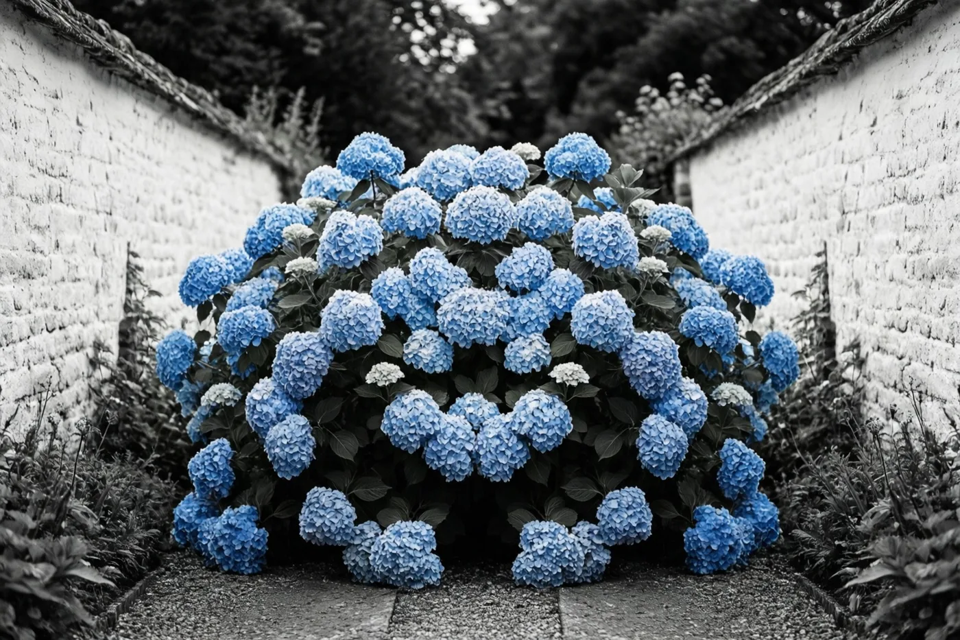 Een grote struik met lichtblauwe hortensia's hangt over een grindpad tussen twee witgekalkte bakstenen muren, met een monochrome achtergrond die de blauwe bloemen benadrukt.