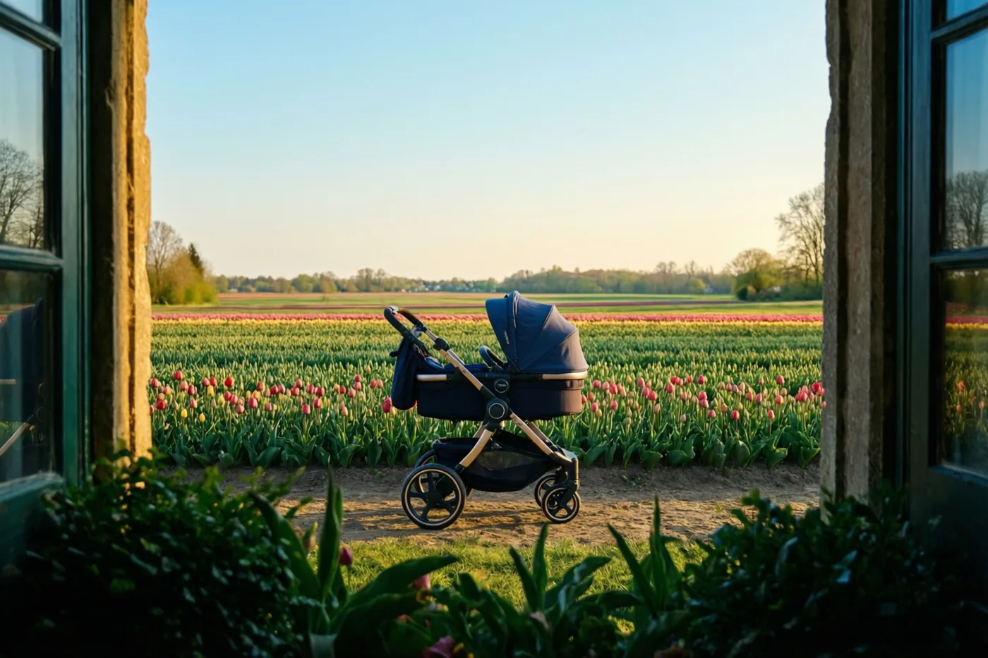 Door een raam met een stenen omlijsting is een donkerblauwe kinderwagen te zien op een aardeweg naast rode en gele tulpen onder een lichtblauwe lentelucht.