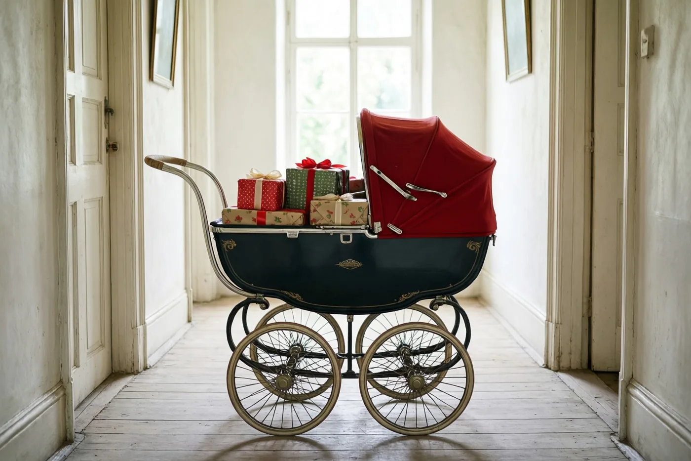 Een oude donkerblauwe kinderwagen met een rode kap en ingepakte kerstcadeaus staat in een zonnige gang met witte muren en houten vloeren.