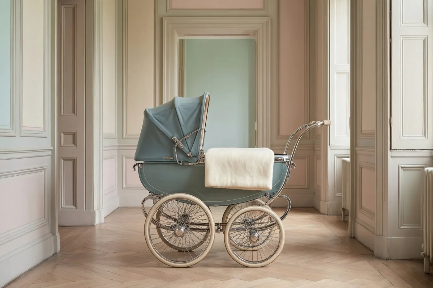 Een klassieke kinderwagen in gedempt blauw met een ivoorkleurig wollen deken staat in een elegante hal met wandpanelen en een visgraatvloer.