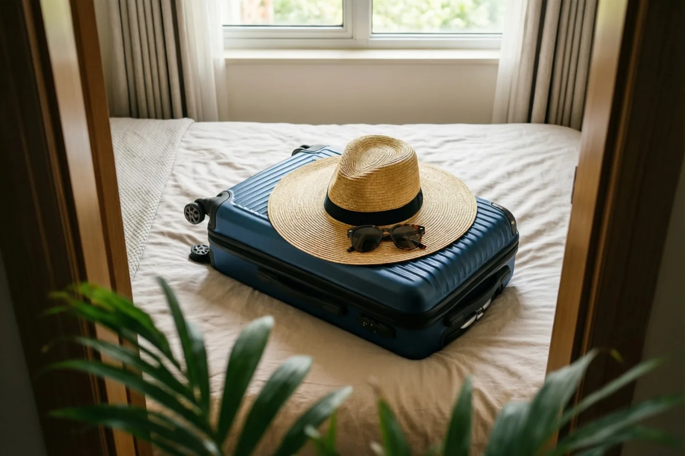 Door een houten deuropening is een blauwe reiskoffer op een bed te zien, met een strohoed en zonnebril erop in zacht daglicht.