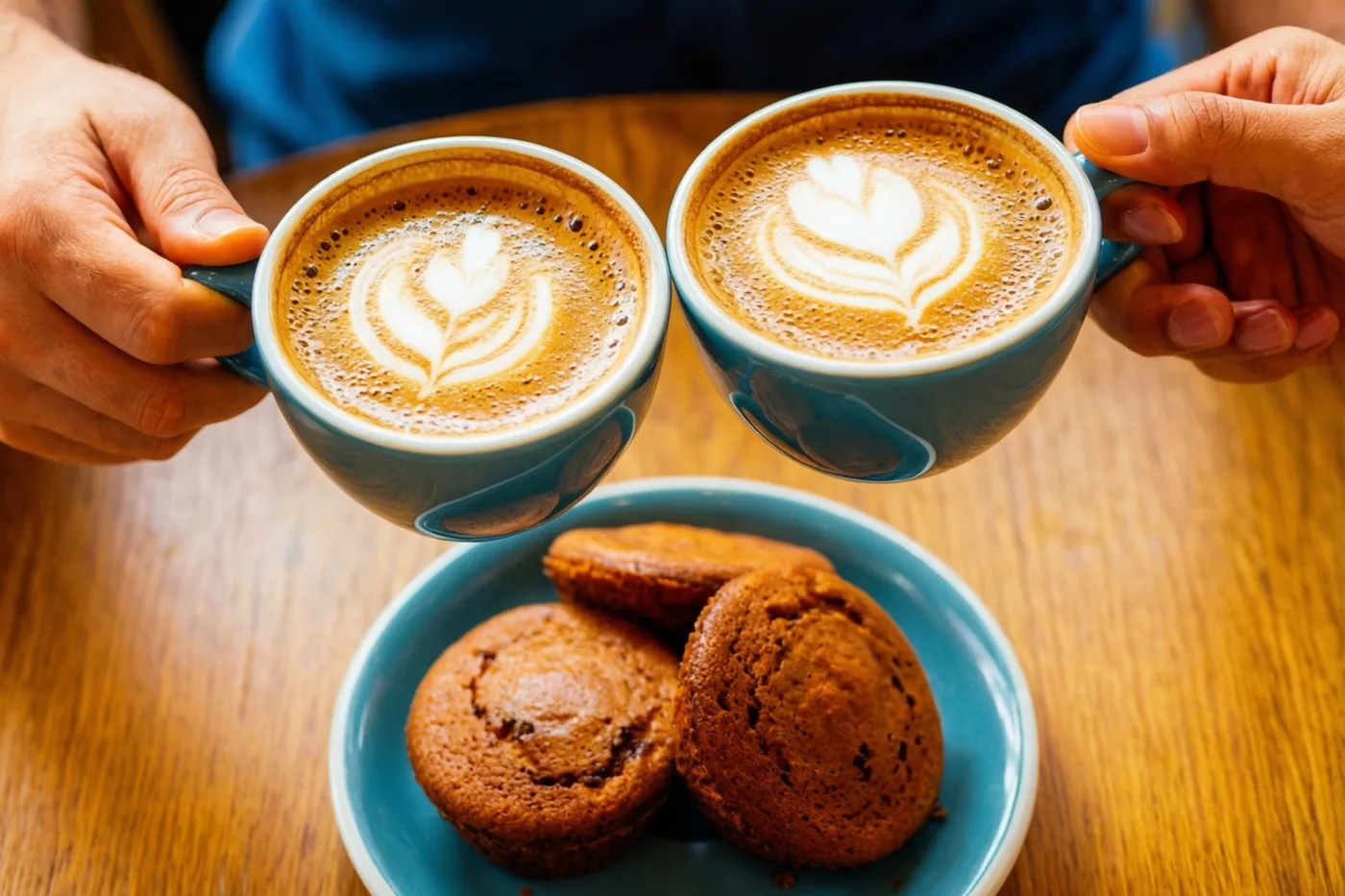 Twee handen klinken blauwe koffiekoppen met figuurtjes in het melkschuim boven een blauw bord koffiekoeken op een houten cafétafel.