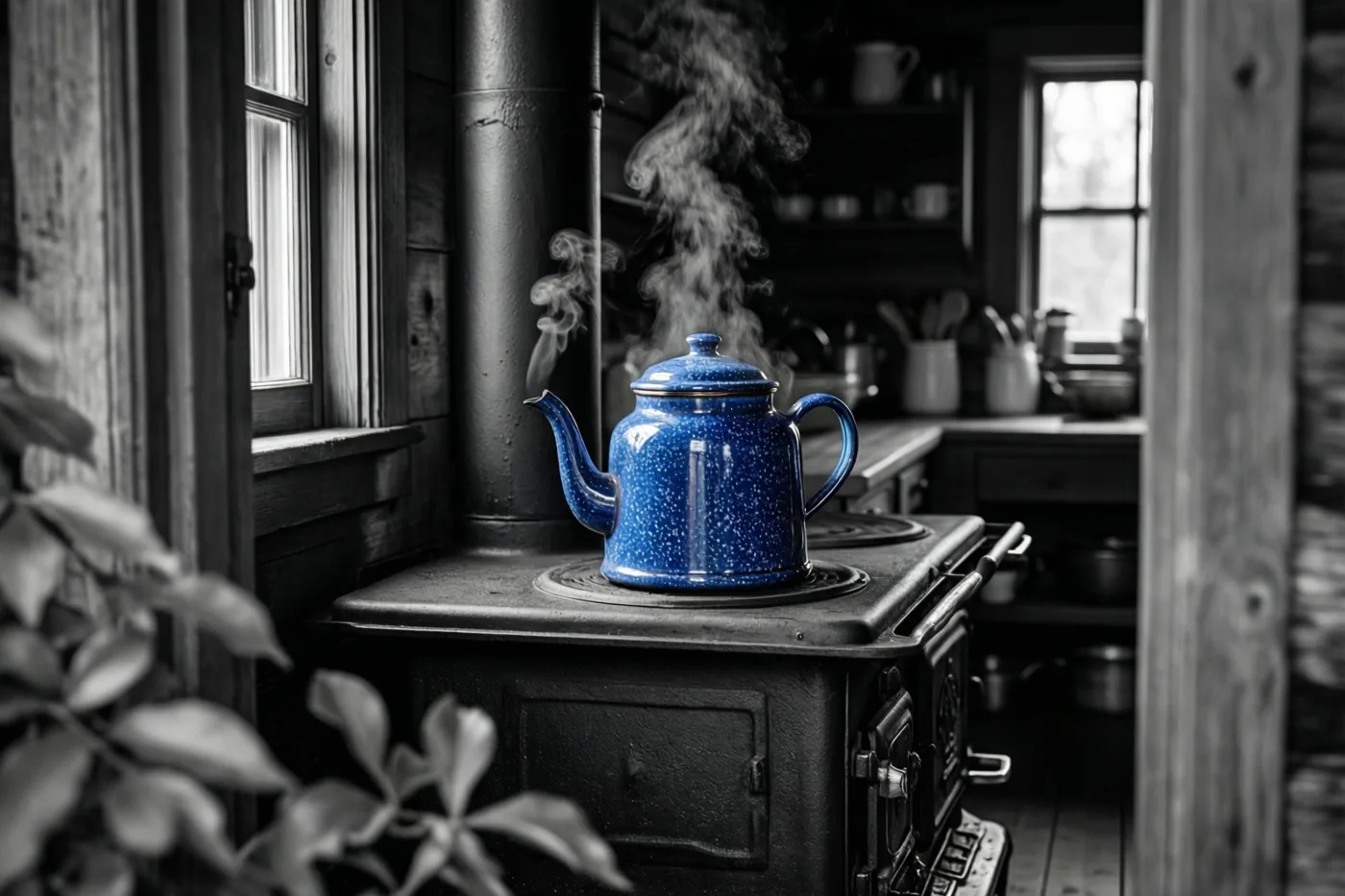 Een felblauwe gespikkelde emaille koffiepot dampt op een oude gietijzeren houtkachel in een landelijke keuken die verder in zwart-wit is weergegeven.