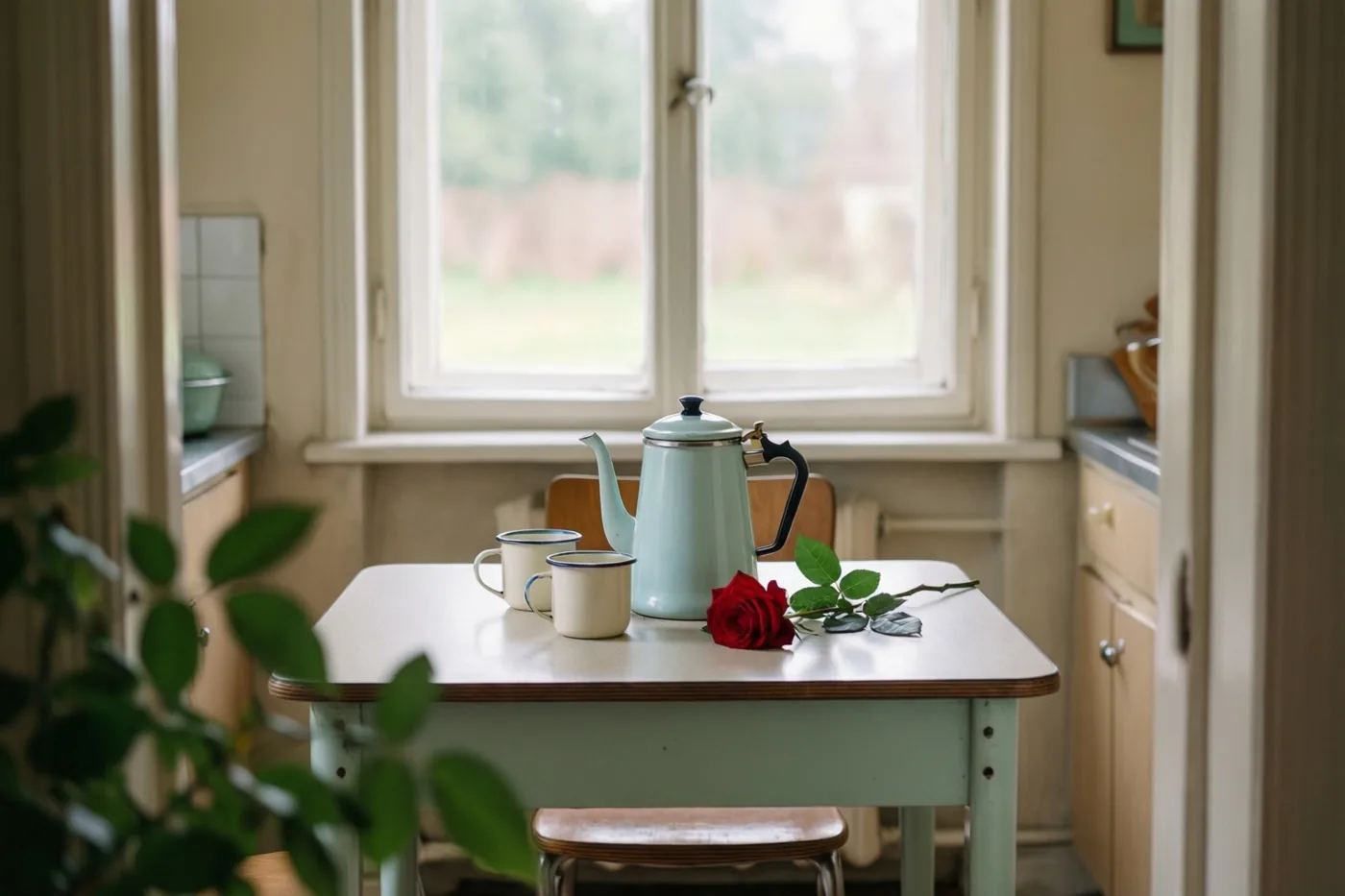 Een oude lichtblauwe geëmailleerde koffiepot met twee bijpassende kopjes en een rode roos staat op een lichtgroene keukentafel uit de jaren zestig, met een raam achteraan en groen op de voorgrond.