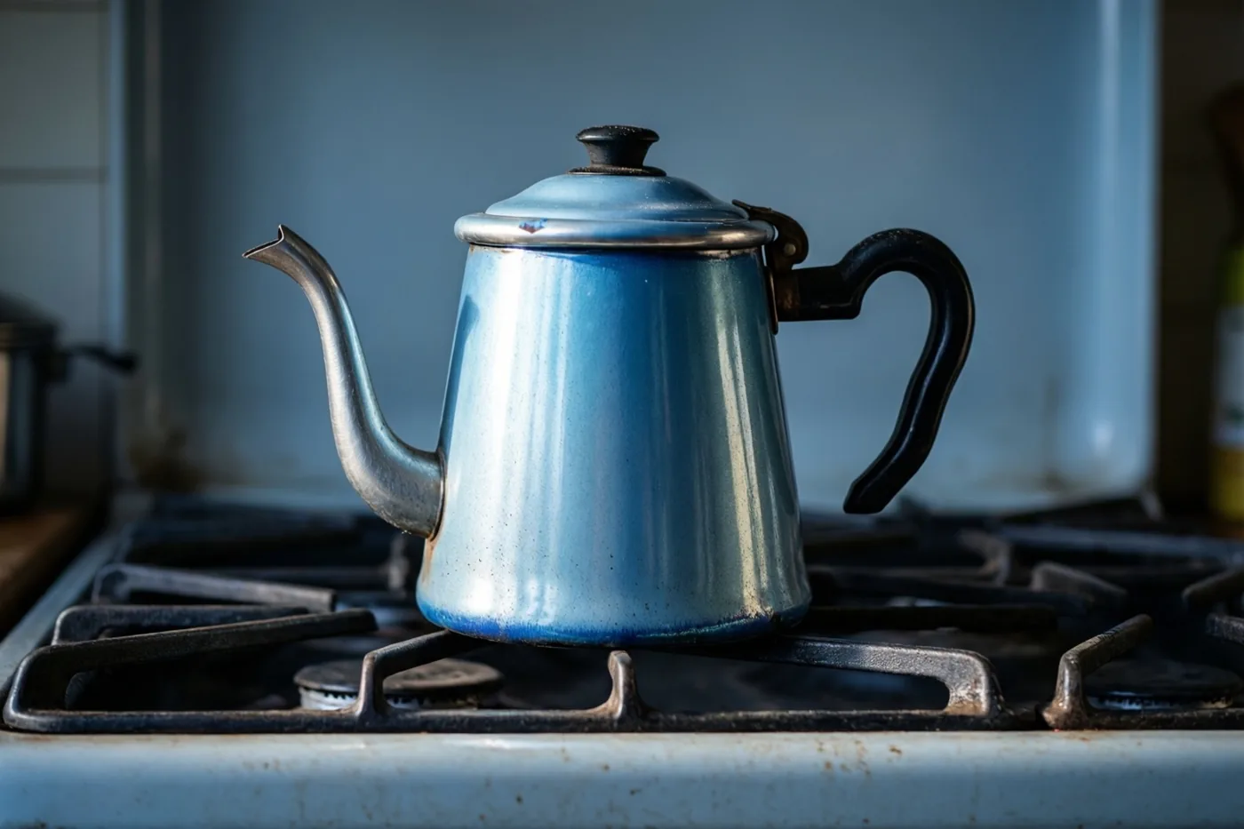 Een blauwe geëmailleerde koffiepot staat op een oud gasfornuis in zacht ochtendlicht, met gedempte blauwe en grijze tinten.