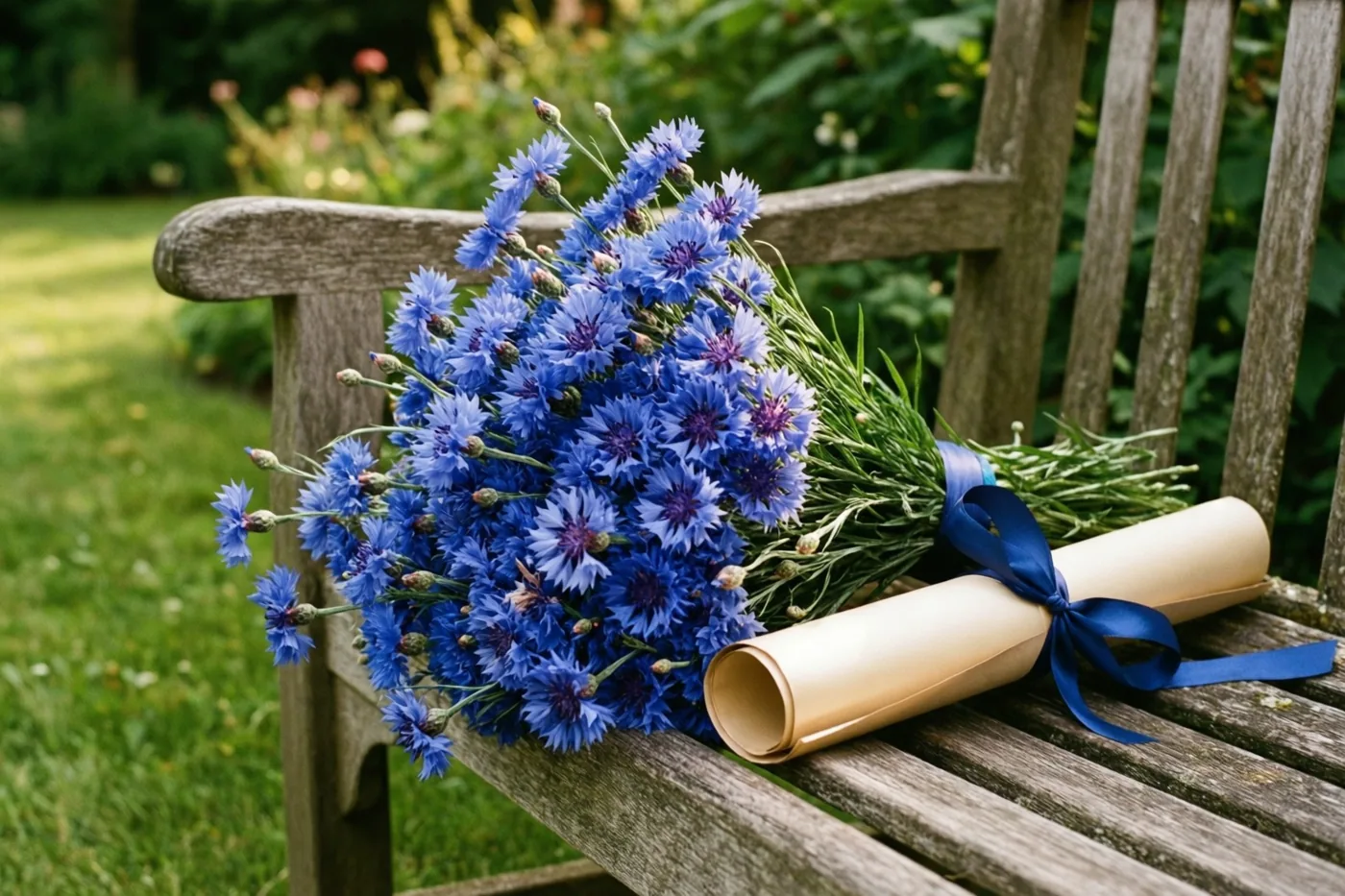 Een boeket blauwe korenbloemen en een opgerold diploma met een blauw lint liggen op een verweerde houten tuinbank in een groene tuin in de zomerzon.