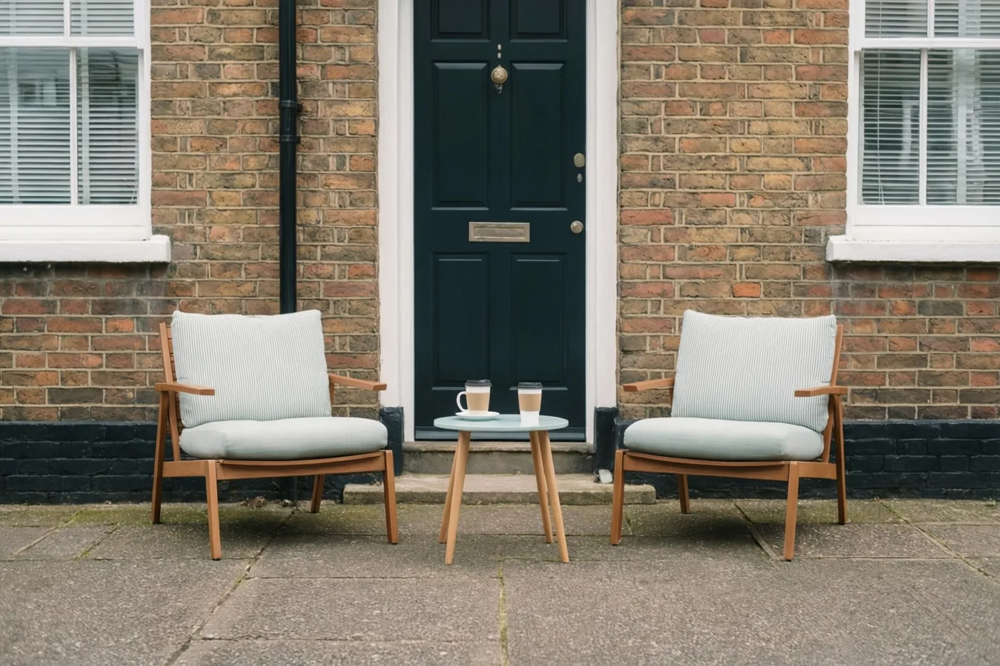 Twee houten stoelen met lichtblauwe kussens staan naast een rond tafeltje met twee koffiekoppen op een betegeld terras voor een bakstenen rijwoning met een donkergroene deur en witte raamkozijnen.