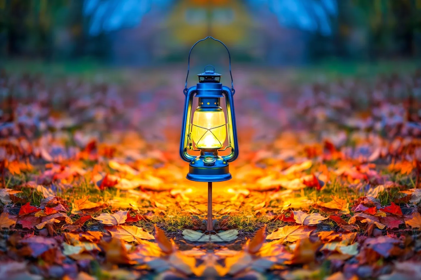 Een lichtgevende blauwe lantaarn op een stok staat midden op een bospad vol gevallen herfstbladeren, met een vervaagde achtergrond.