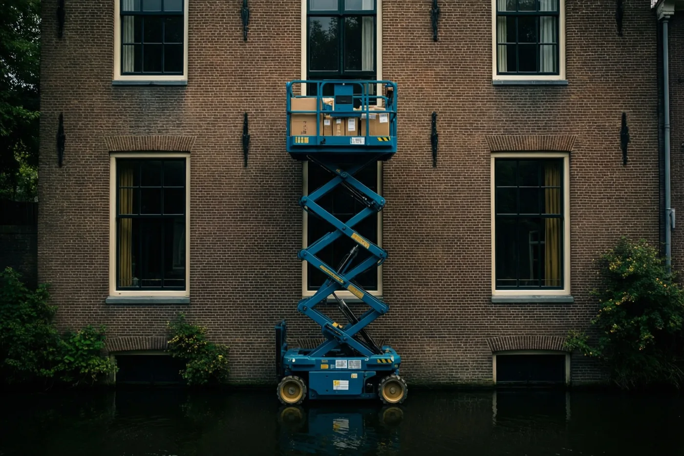 Een blauwe schaarlift tilt een doos naar een raam van een bruin bakstenen huis naast donker water en groen.