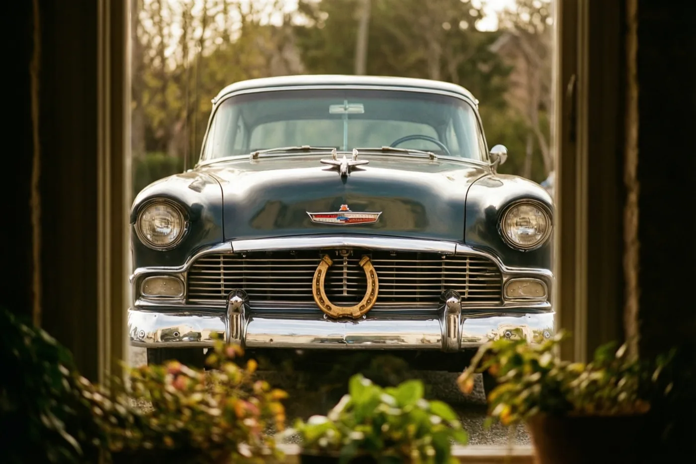 Een donkerblauwe oldtimer met een hoefijzer op de verchroomde grille is door een raam te zien, omlijst door kamerplanten en warm goudkleurig licht.