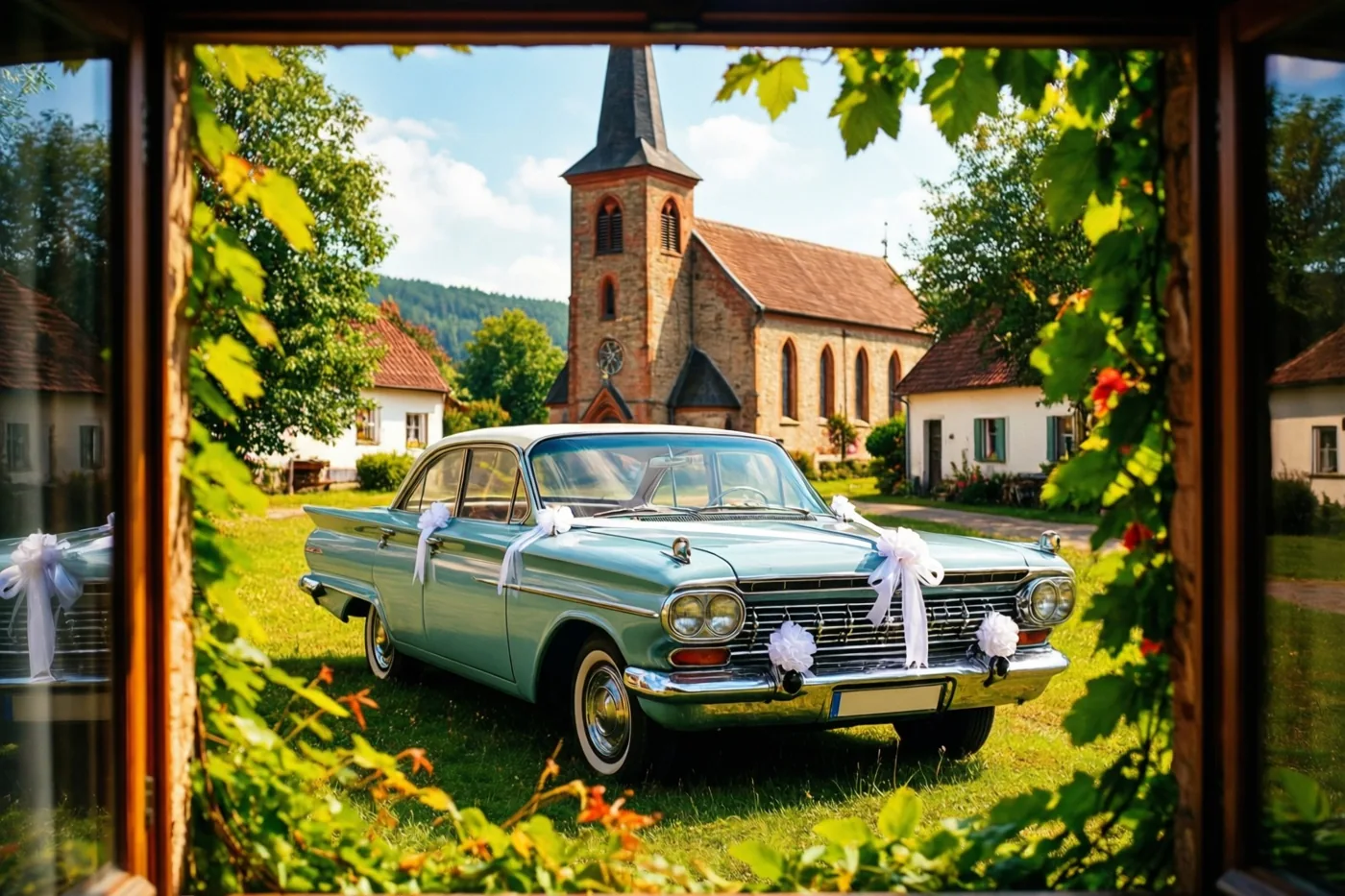 Door een houten raamkozijn met groen ervoor is een lichtblauwe auto uit de jaren zestig met witte linten te zien op gras voor een stenen dorpskerk.