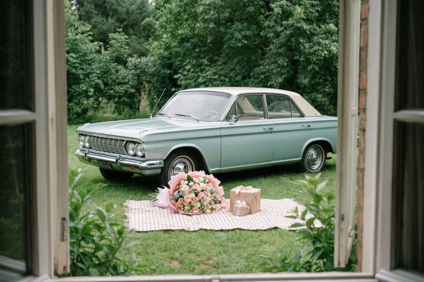 Door een open raam is een lichtblauwe auto uit de jaren zestig op een gazon te zien, met ervoor een geruit picknickdeken met roze en perzikkleurige rozen en twee cadeaus in bruin papier met witte linten.
