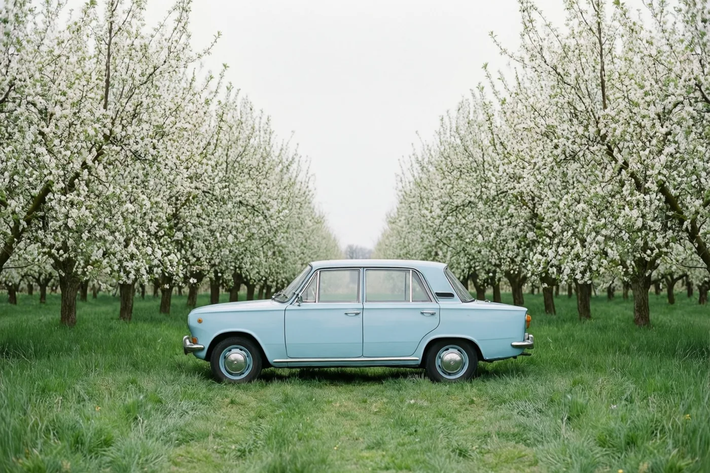 Een pastelblauwe oldtimer staat op een grasberm tussen rijen witbloeiende bomen in een boomgaard onder een bewolkte hemel.