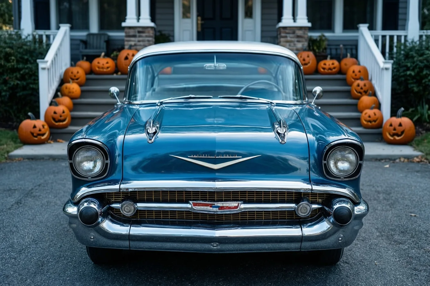 Een glanzende blauwe Chevrolet uit de jaren vijftig staat voor een huis met witte balustrades en veel uitgesneden pompoenen op de trap.