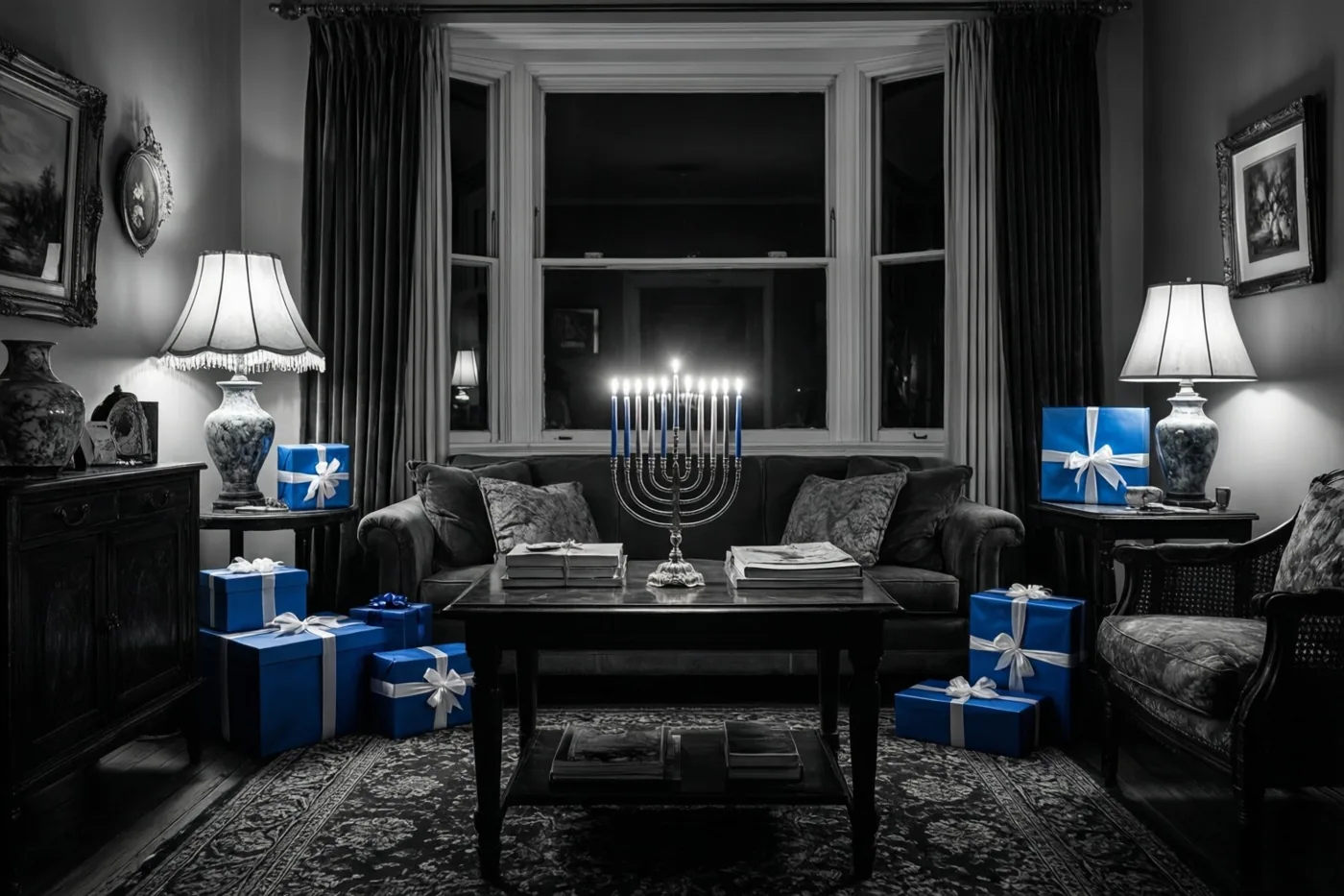 Een brandende kandelaar staat 's avonds op een centrale tafel tussen blauwe cadeaudozen met witte strikken in een sfeervol ingerichte woonkamer met donkere gordijnen en lampen.