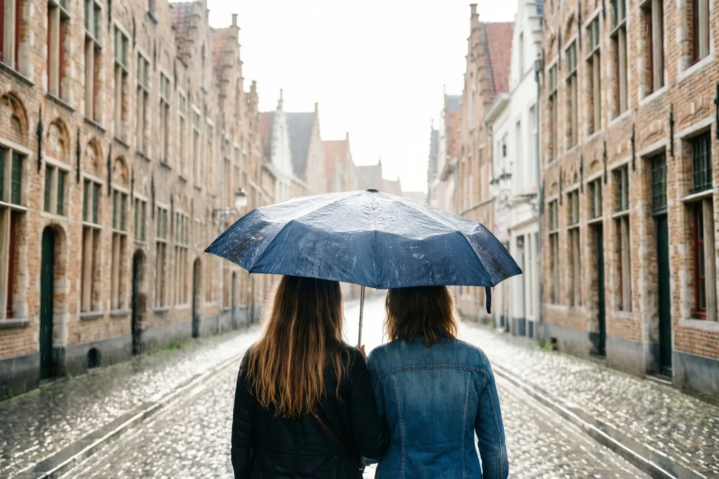 Twee mensen lopen van de kijker weg onder een blauwe paraplu door een regenachtig kasseistraatje met oude bakstenen gebouwen, boogramen en puntgevels.