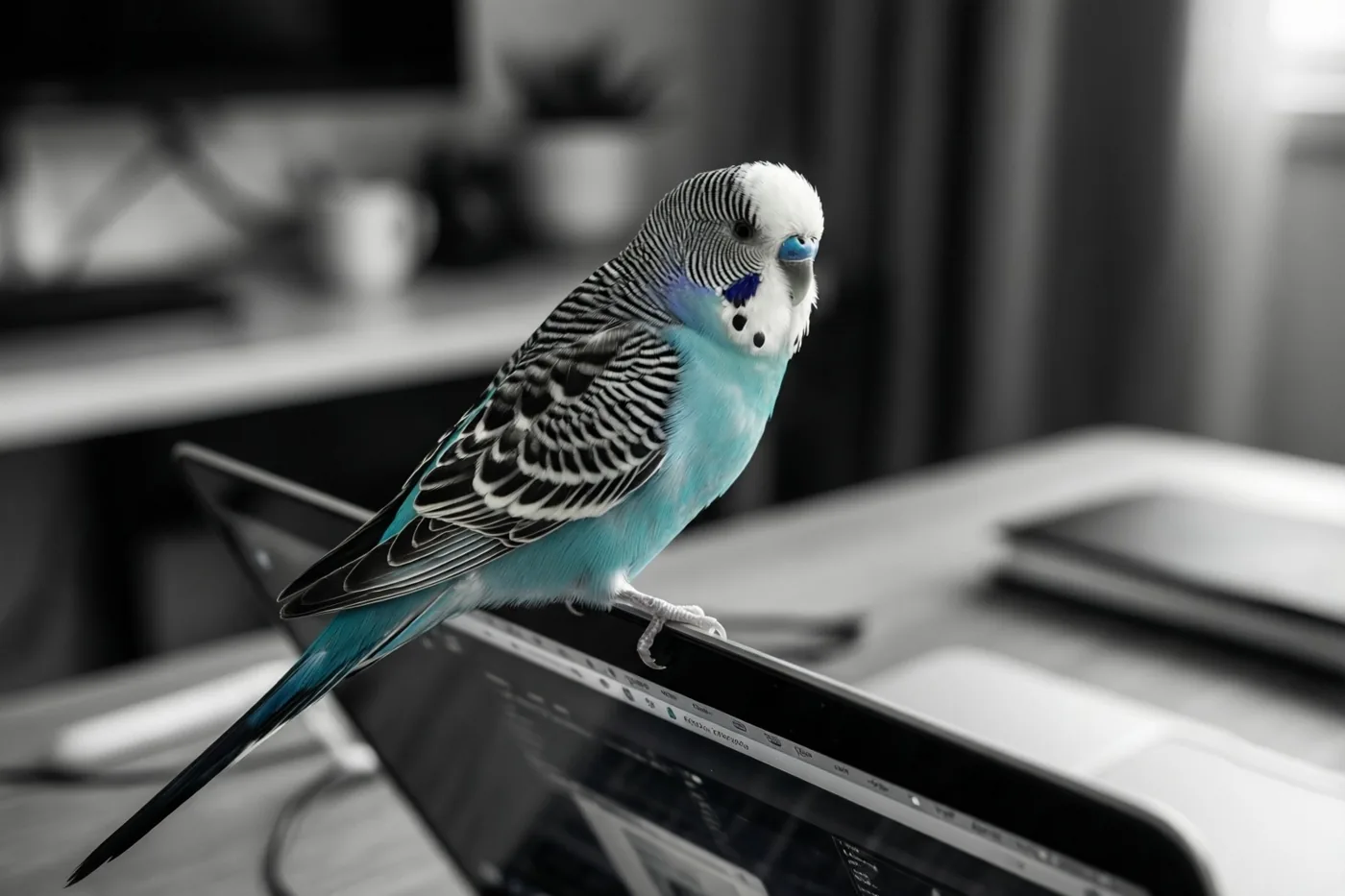 Een blauw-witte grasparkiet zit op de rand van een laptopscherm op een opgeruimd bureau, waarbij de vogel in kleur afsteekt tegen de zwart-witte achtergrond.