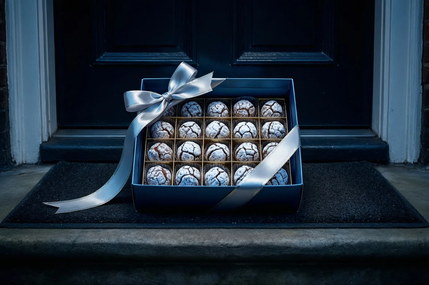 Een blauwe doos pralines met poedersuiker en een zilverkleurige strik staat op een donkere deurmat voor een donkere voordeur met een witte omlijsting.