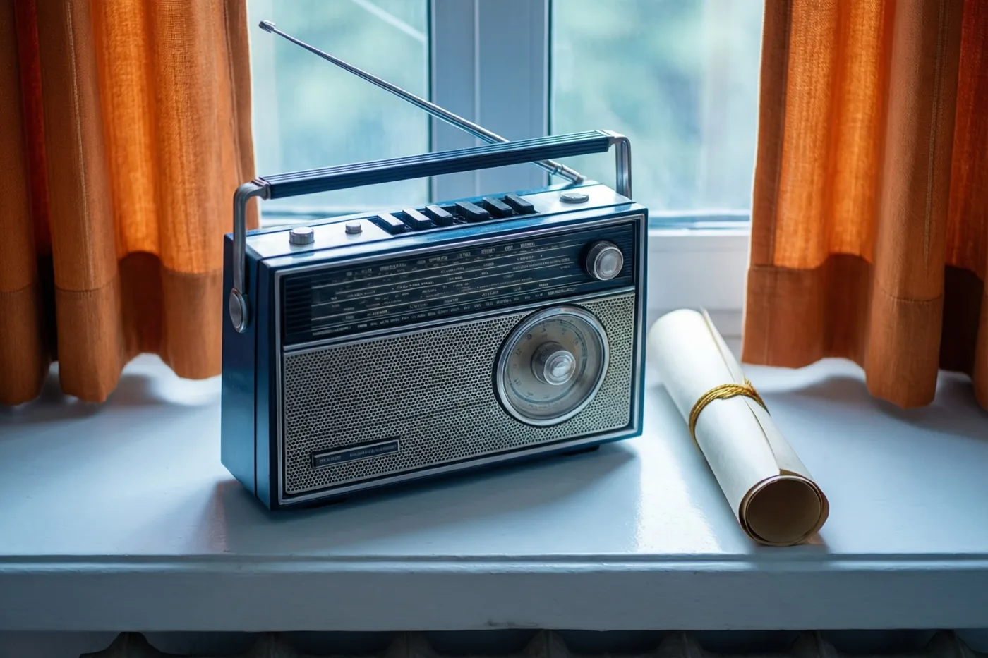 Een oude blauwe transistorradio met uitgeschoven antenne staat op een vensterbank naast een opgerold diploma met een gouden touwtje, tussen oranje gordijnen in zacht daglicht.