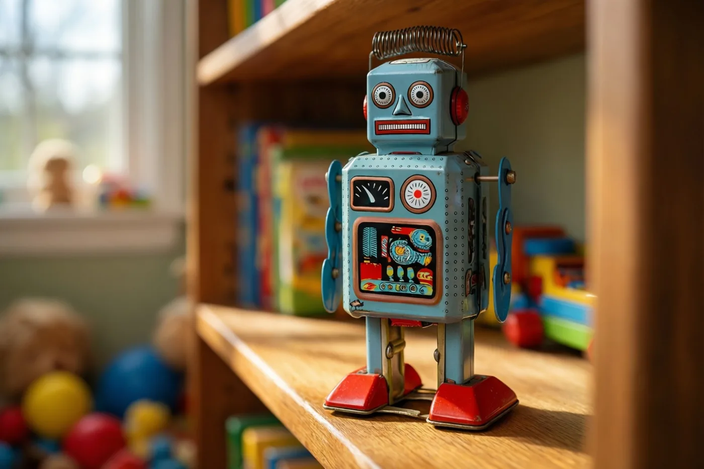 Een blikken opwindrobot met een blauw lijf en rode voeten staat op een houten plank in een zonnige kinderkamer, met kleurrijk speelgoed op de achtergrond.