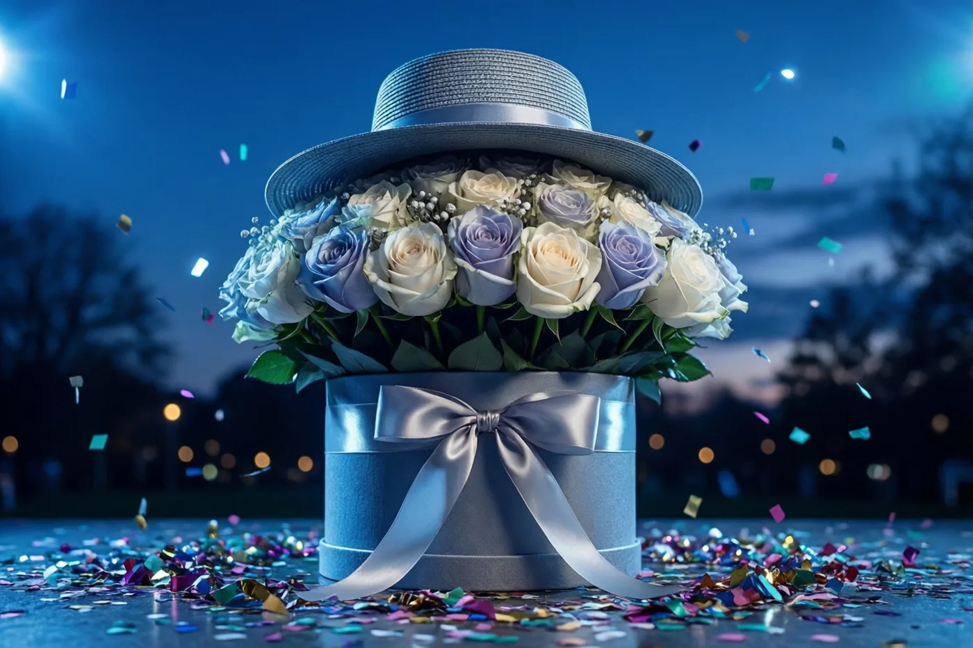 Een ronde blauwe hoedendoos met lichtblauwe en witte rozen, een bijpassende hoed en een zilverkleurig satijnen lint staat tussen kleurrijke confetti onder een schemerlucht.