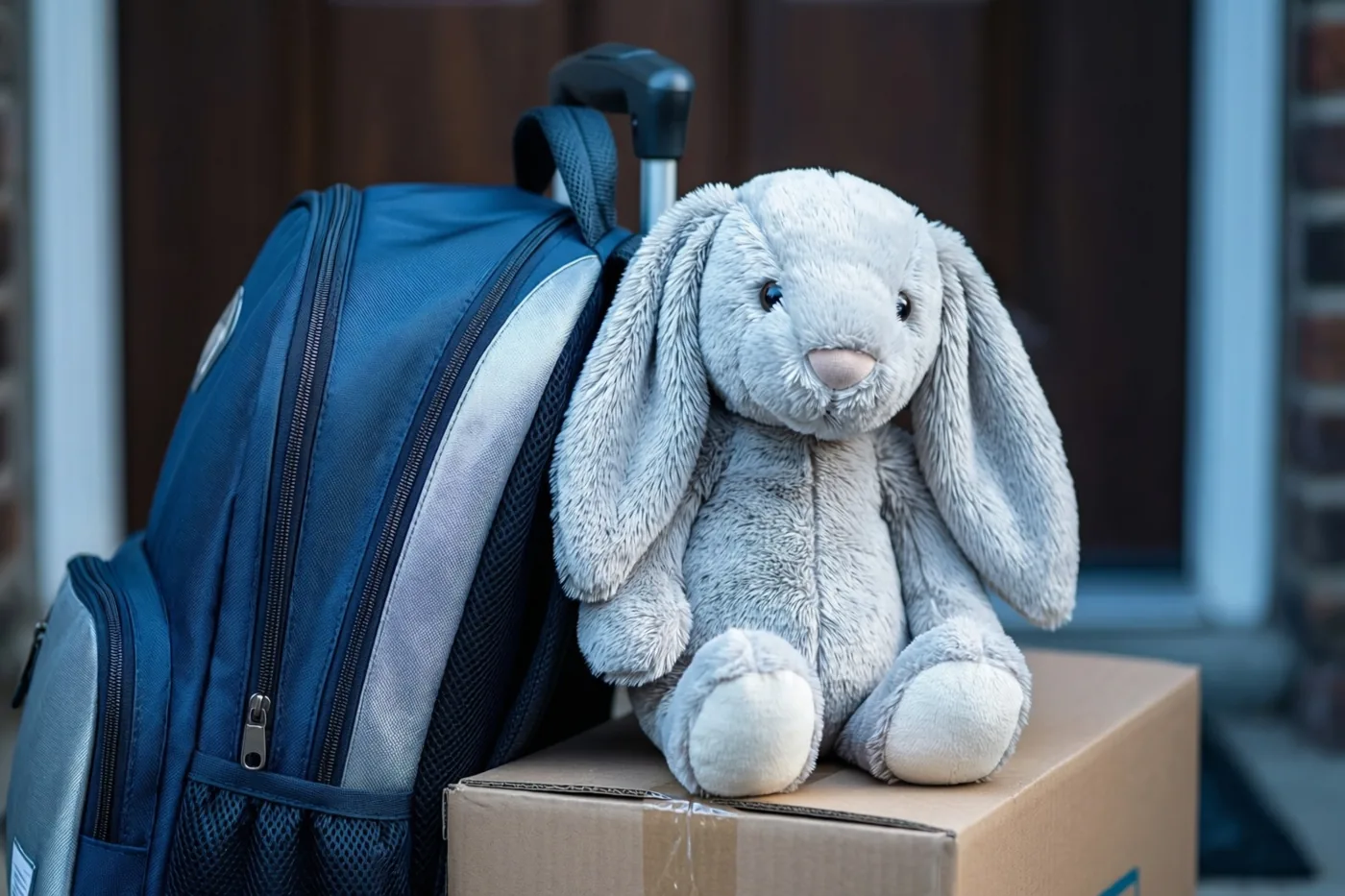 Een blauwe kinderrugzak met een uitschuifbaar handvat staat naast een grijs knuffelkonijn dat op een kartonnen verhuisdoos zit, buiten bij een donkere voordeur.