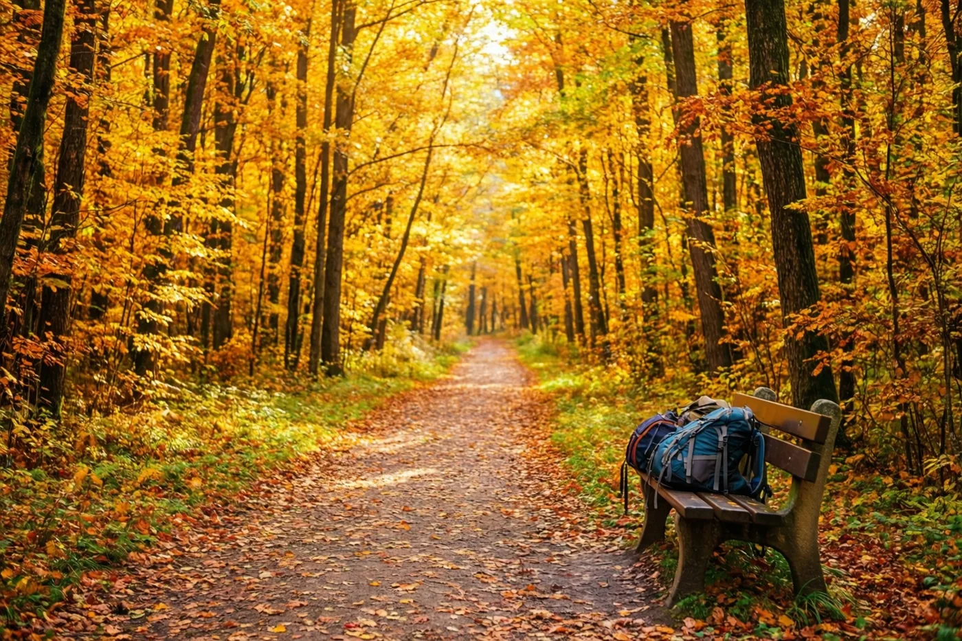 Een blauwe wandelrugzak ligt rechts op een houten bank naast een onverhard pad tussen goudkleurige herfstbomen in warm gouden licht.