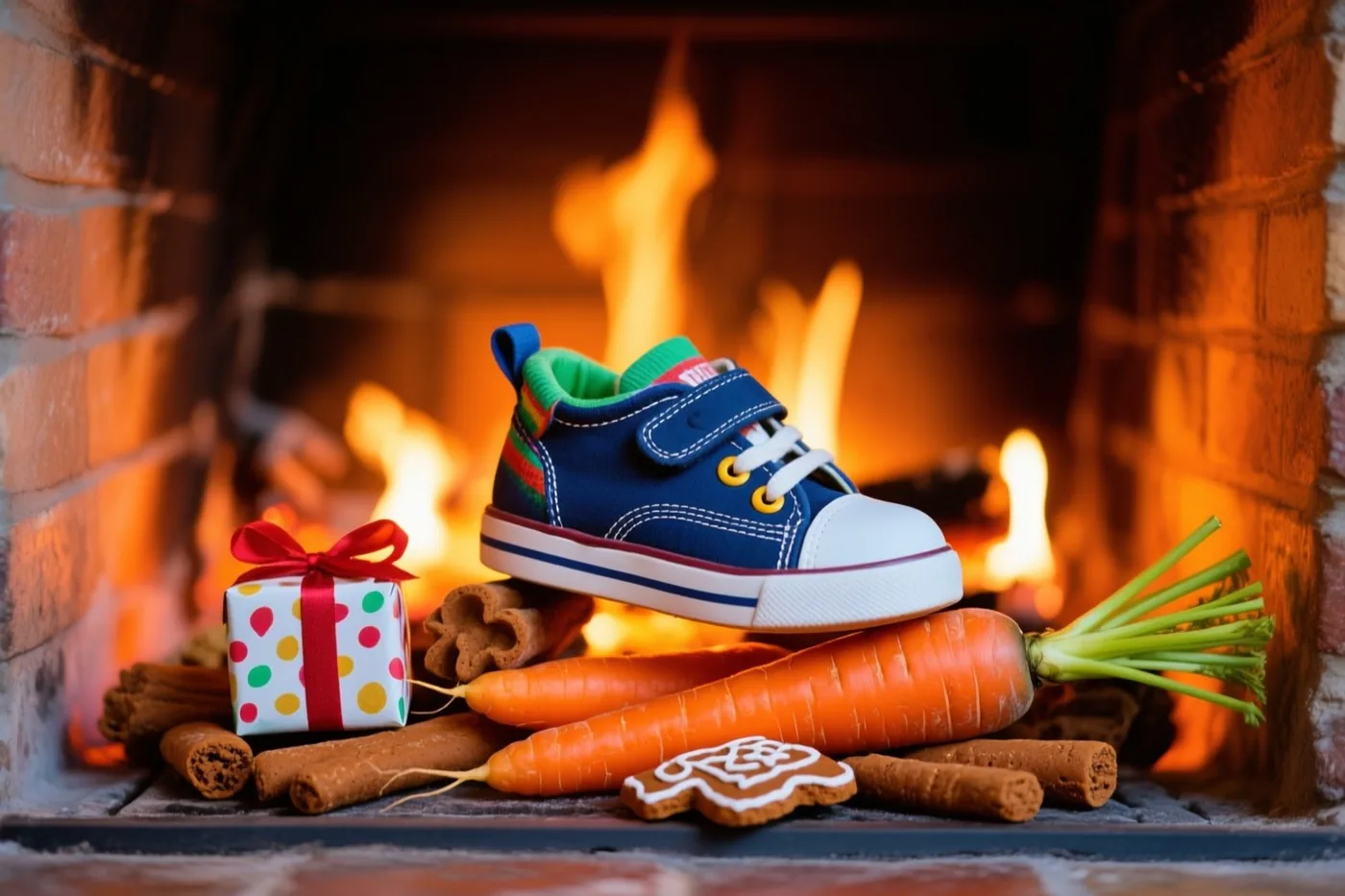 Een blauwe kindersportschoen staat boven op wortels, speculaas en een klein cadeaudoosje voor een warm gloeiende haard.