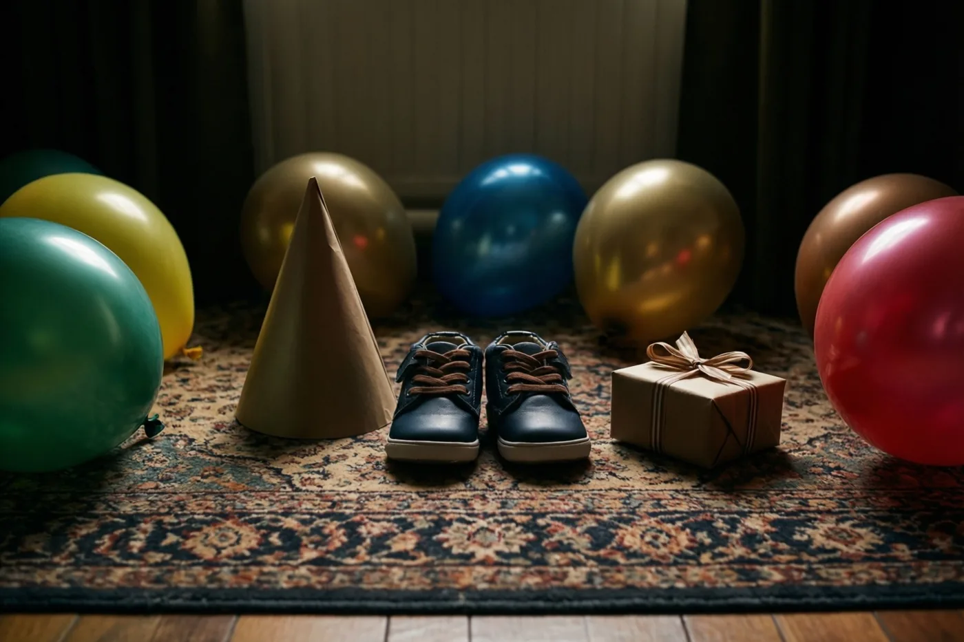 Kleine blauwe kinderschoenen staan op een tapijt met een patroon naast een bruin papieren feesthoedje, kleurrijke ballonnen en een ingepakt cadeau, tegen een donkere achtergrond.