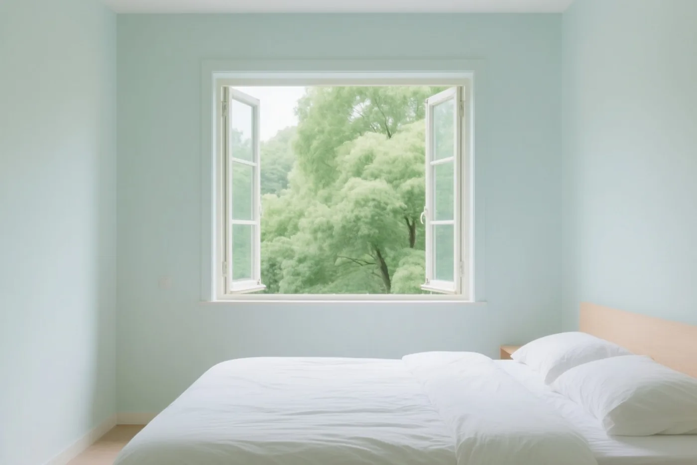 Een lichte slaapkamer heeft lichtblauwe muren, een bed met wit beddengoed en een open raam met zicht op groene bomen.