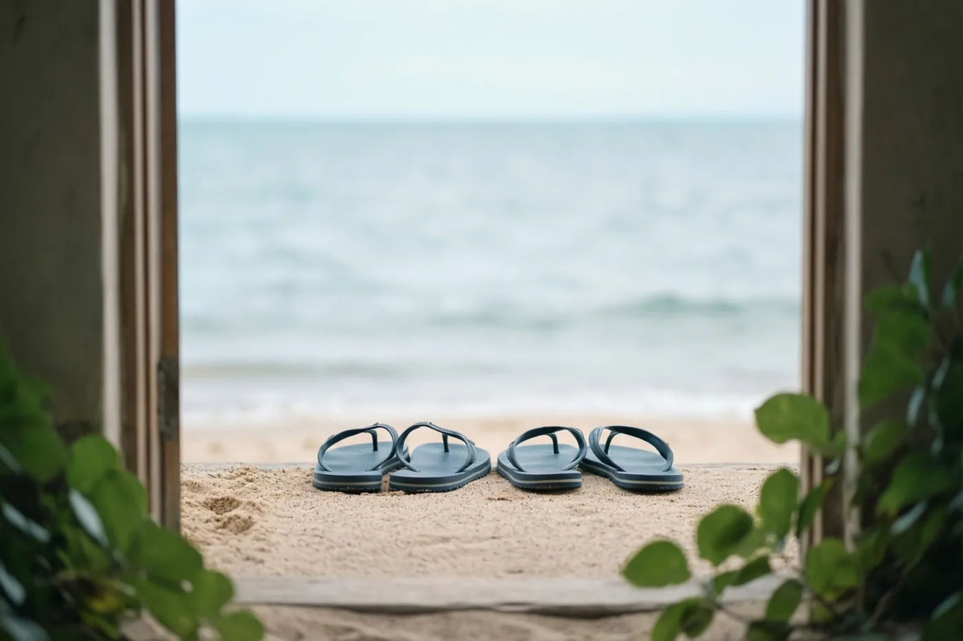 Door een houten deuropening zijn twee paar blauwe teenslippers te zien, naast elkaar op het zand aan de waterlijn.
