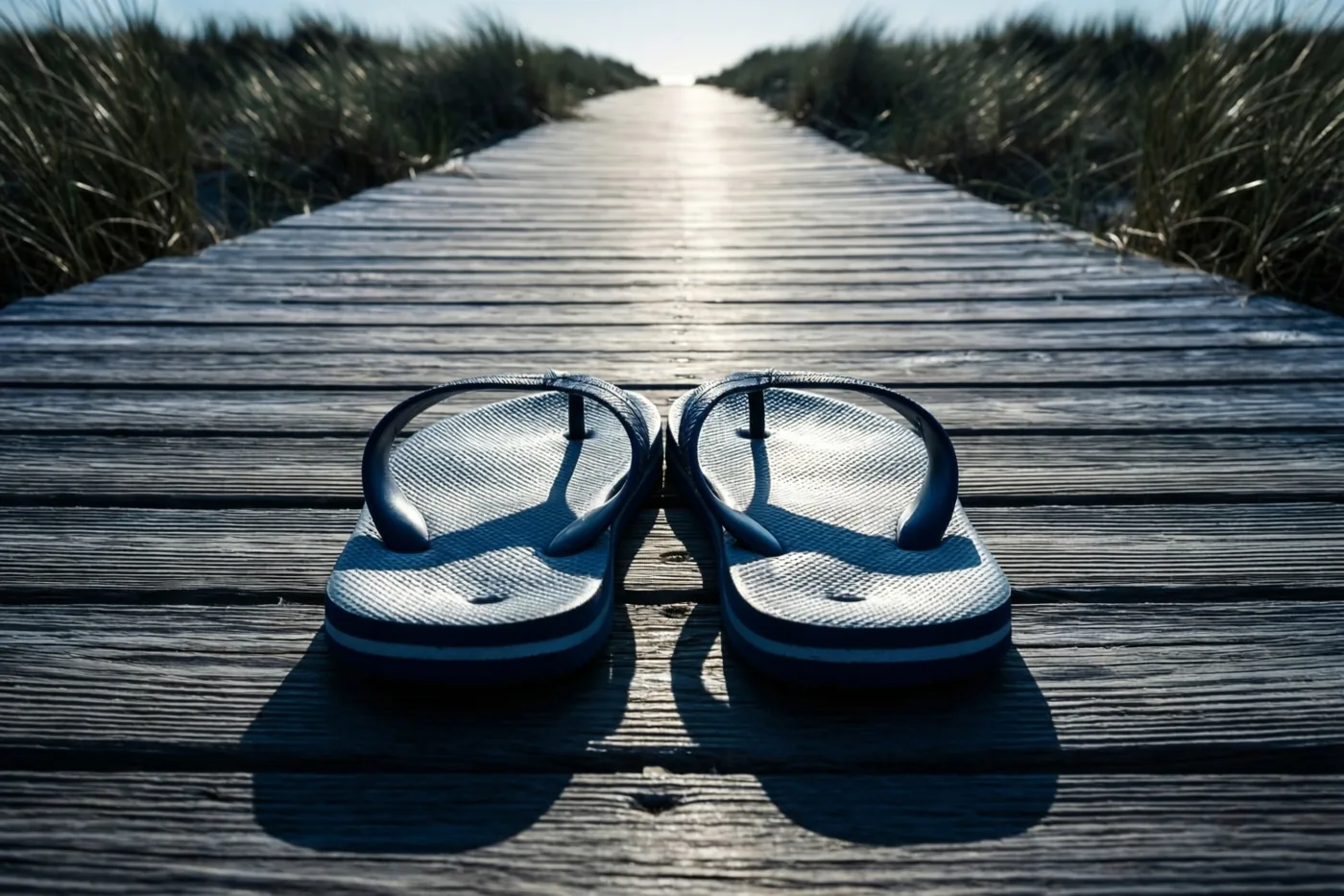 Blauwe teenslippers liggen op een houten vlonderpad dat door de duinen loopt in fel zonlicht.