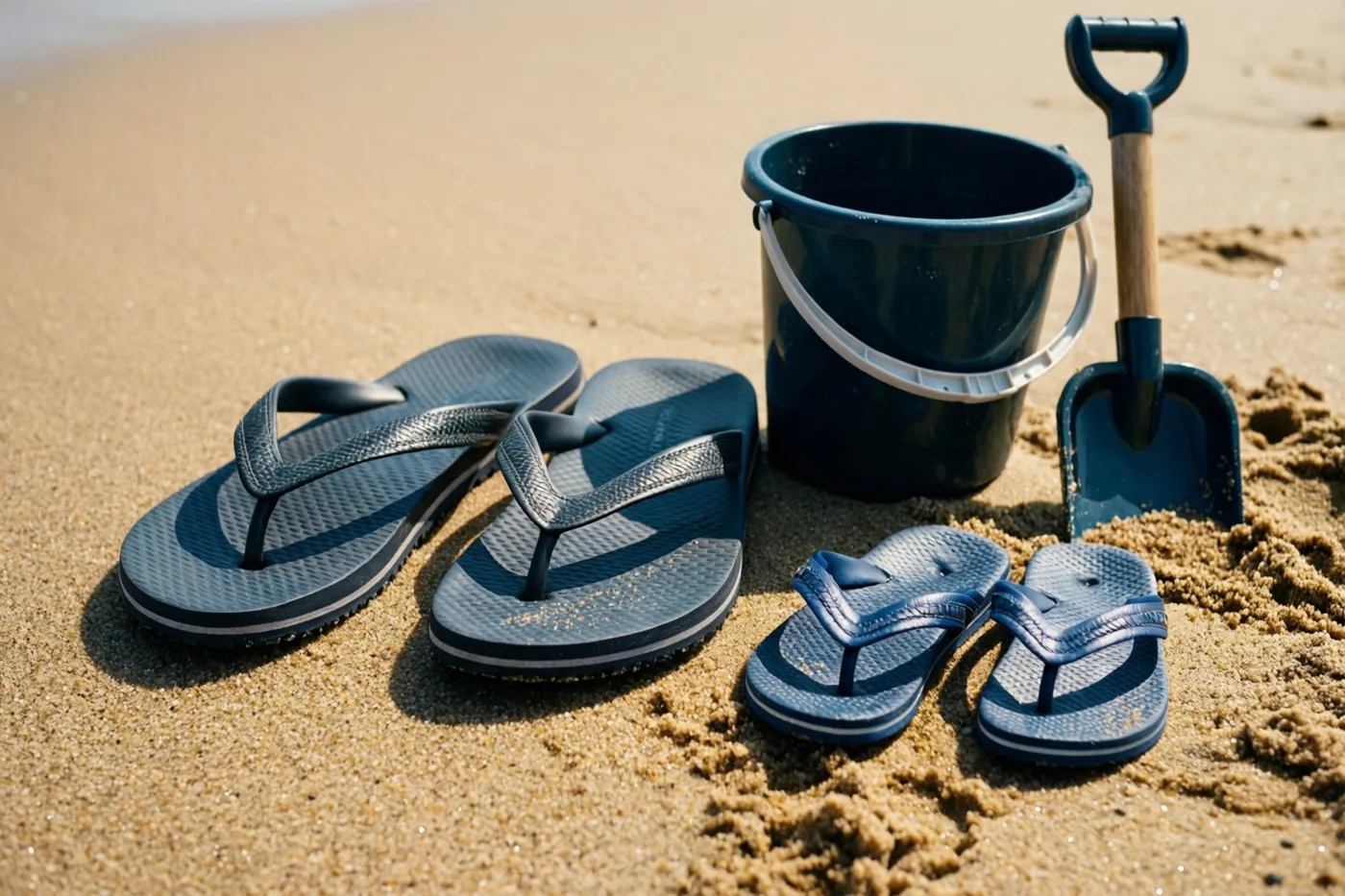 Een groot paar donkerblauwe teenslippers en een klein paar blauwe kinderslippers liggen op goudkleurig zand naast een donkerblauwe emmer en een bijpassend schopje.