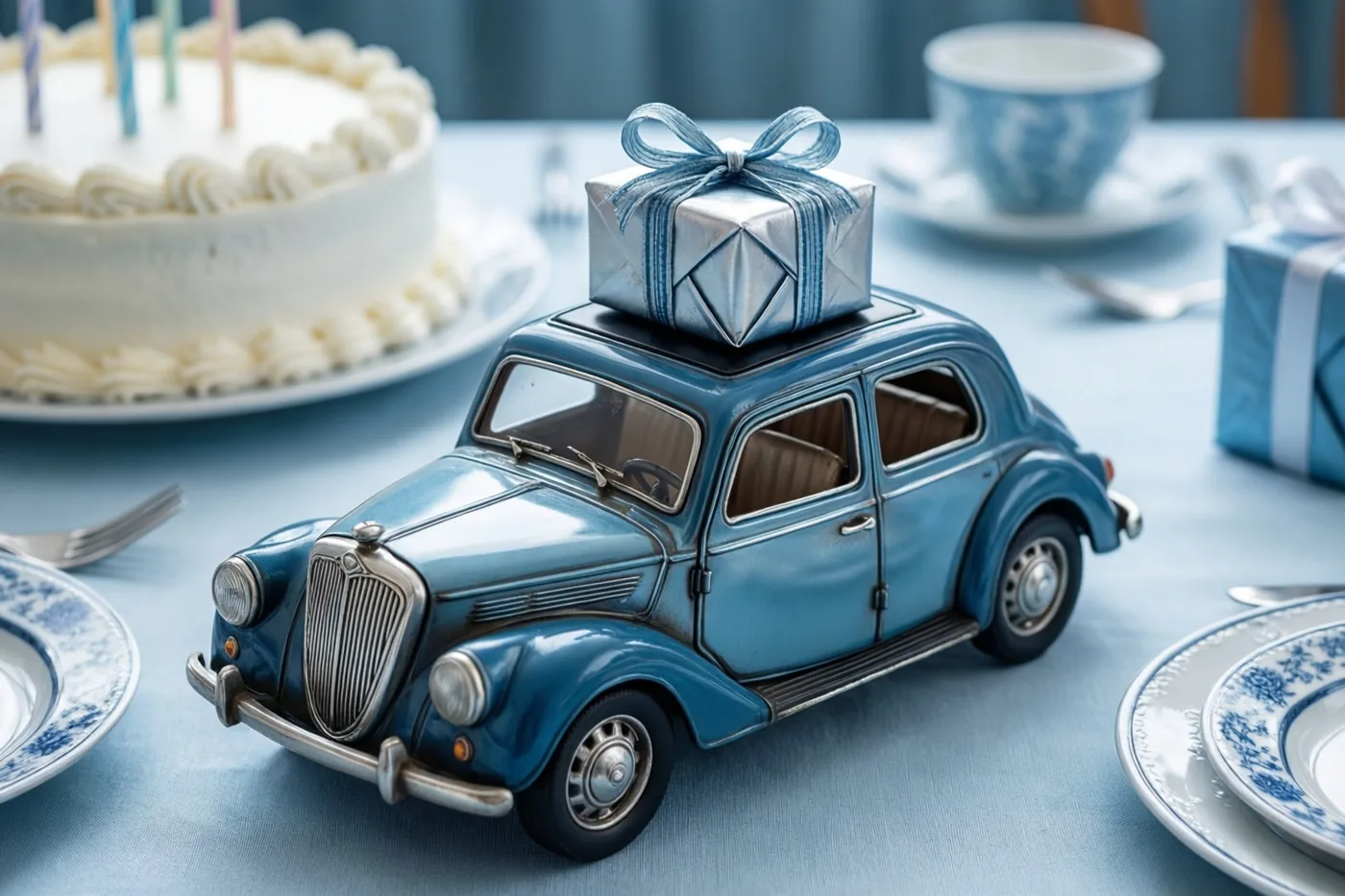 Een blauwe blikken speelgoedauto met een zilverkleurig cadeautje op het dak staat op een blauw-witte feesttafel met een verjaardagstaart, borden en een theekopje.