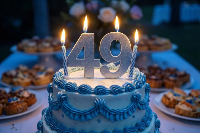 Een taart met meerdere verdiepingen, blauw glazuur, kaarsen en een glinsterende versiering met 49 staat 's nachts op een buffettafel tussen desserts in zacht blauw licht en warm kaarslicht.