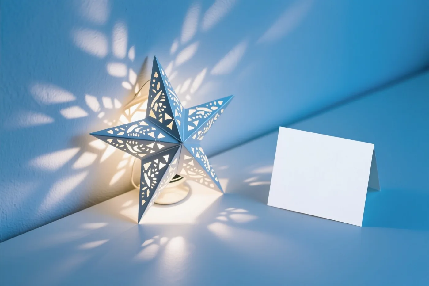 Een blauwe sterlantaarn met uitsparingen werpt fijne lichtpatronen op een blauwe muur en ondergrond, naast een blanco wit kaartje.