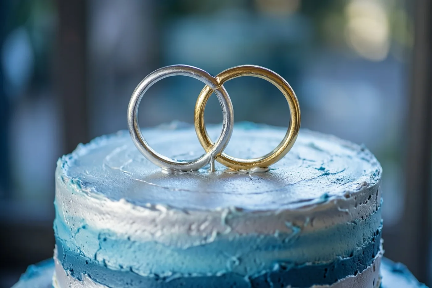 Een taart met blauw en zilverkleurig glazuur met structuur draagt twee in elkaar gehaakte ringen, één zilveren en één gouden, tegen een onscherpe blauwgroene achtergrond.