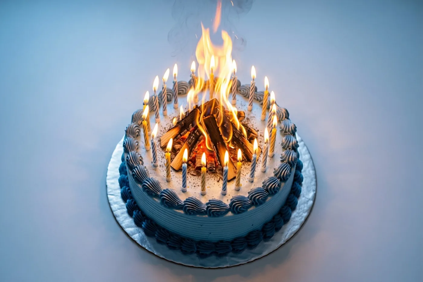 Een taart met blauw glazuur staat op een zilverkleurige taartbodem tegen een lichtblauwe achtergrond, met brandende kaarsen die samen op een klein kampvuur lijken.