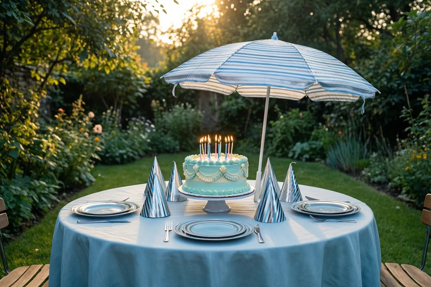 Een ronde tuintafel met een lichtblauw tafelkleed en een pastelblauwe taart met brandende kaarsjes staat onder een gestreepte parasol in goudkleurig zonlicht dat door de bomen valt.
