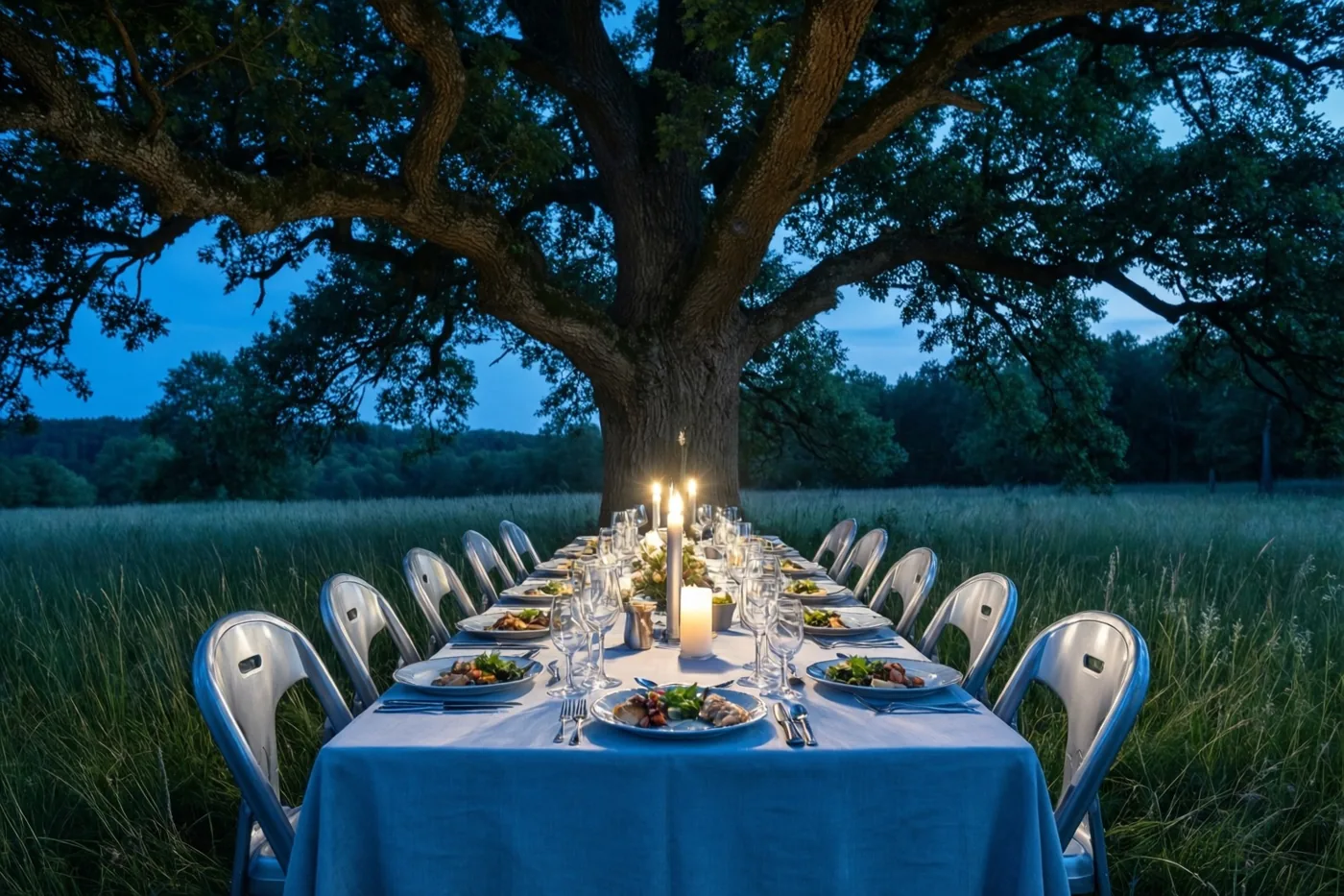 Een lange gedekte tafel met een blauw tafelkleed staat bij schemering onder een grote breed uitgroeiende eik in een grasweide, verlicht door kaarsen.