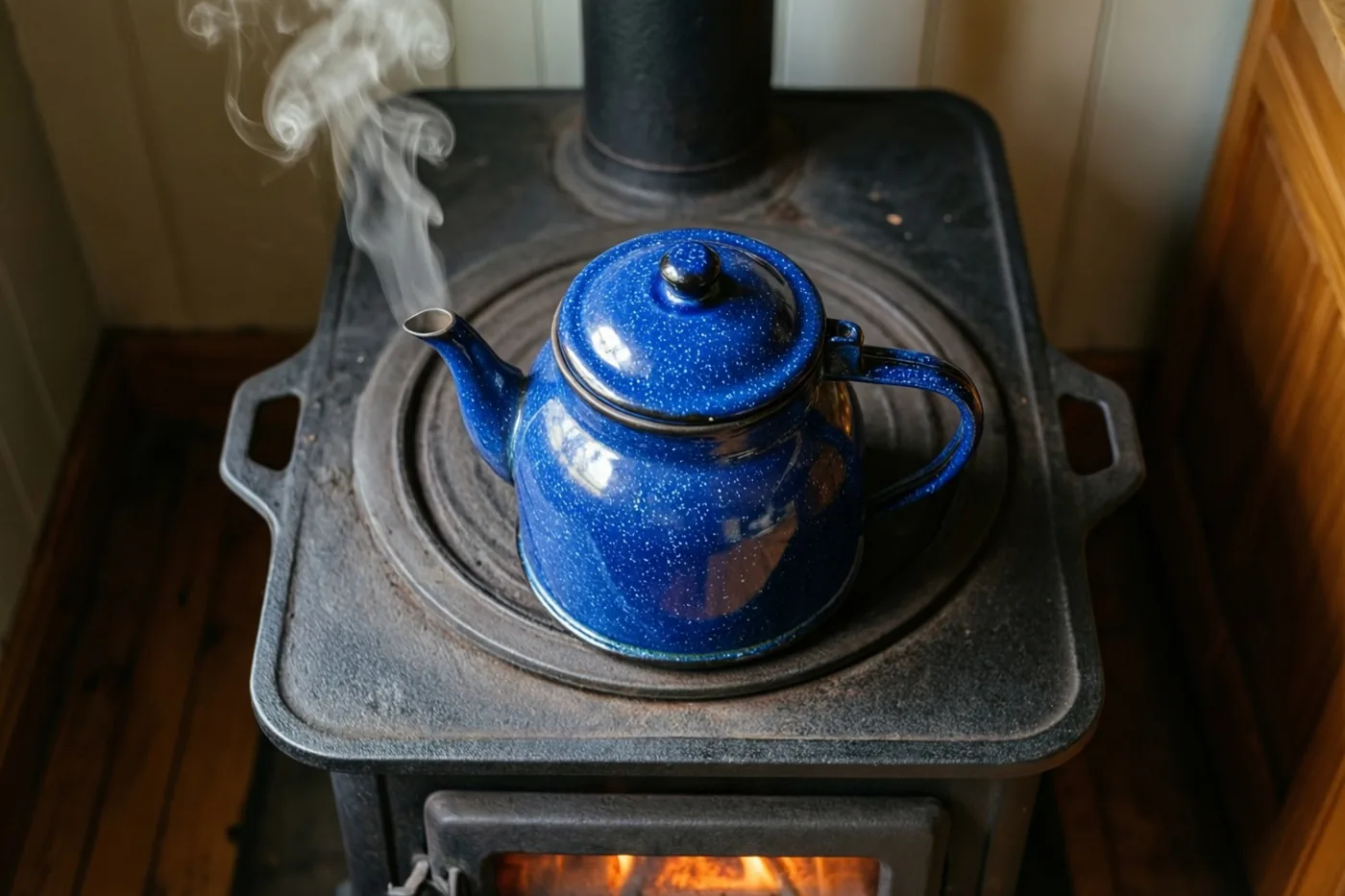 Een gespikkelde blauwe emaille theepot staat te dampen op een zwarte gietijzeren houtkachel met zichtbare vlammen in een landelijke keuken met houten vloer en kasten.