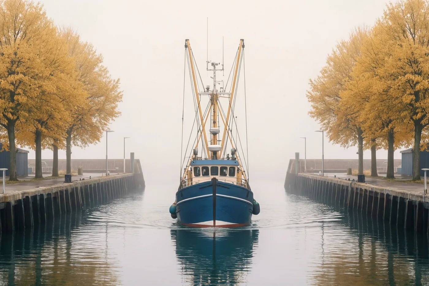 Een blauwe vissersboot vaart door een smal, mistig kanaal tussen kades met goudkleurige herfstbomen, met zachte weerspiegelingen op het water.