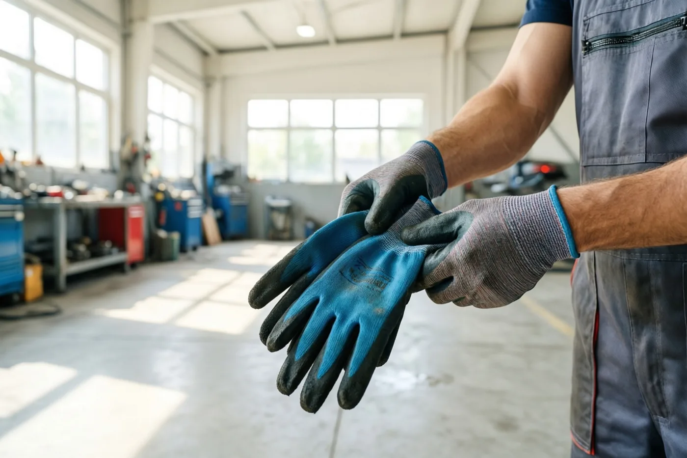 De handen van een mecanicien houden een nieuwe blauw-zwarte werkhandschoen vast in een lichte, nette garage met blauwe, grijze en witte tinten.