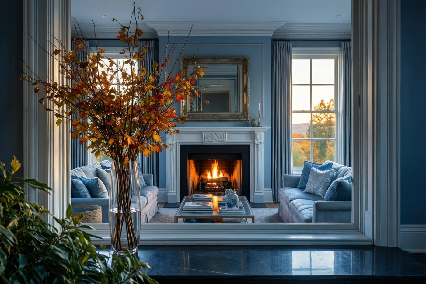 Een elegante woonkamer met blauwe muren, witte afwerkingen, een brandende haard en een hoge vaas met herfsttakken heeft grote ramen met zicht op een zonsondergang.